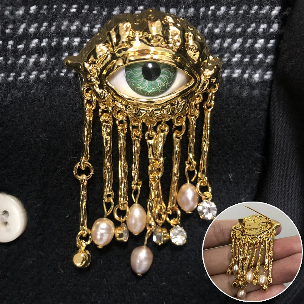 Vintage Gold Powerful Eye with Pearls Brooch