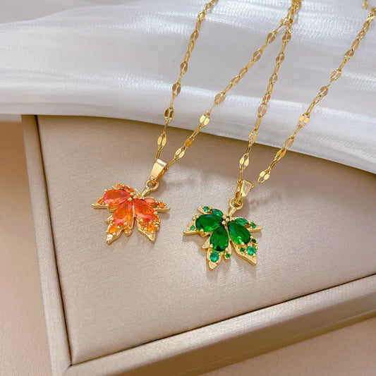 Crystal Maple Leaf Pendant Necklaces