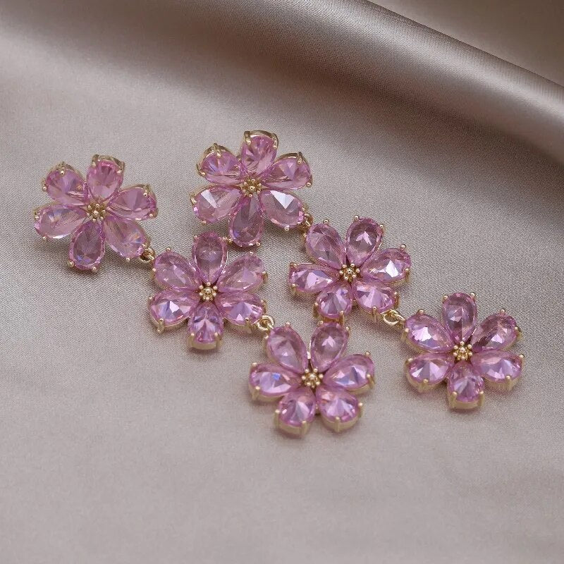 zircon flower earrings (pink/silver)