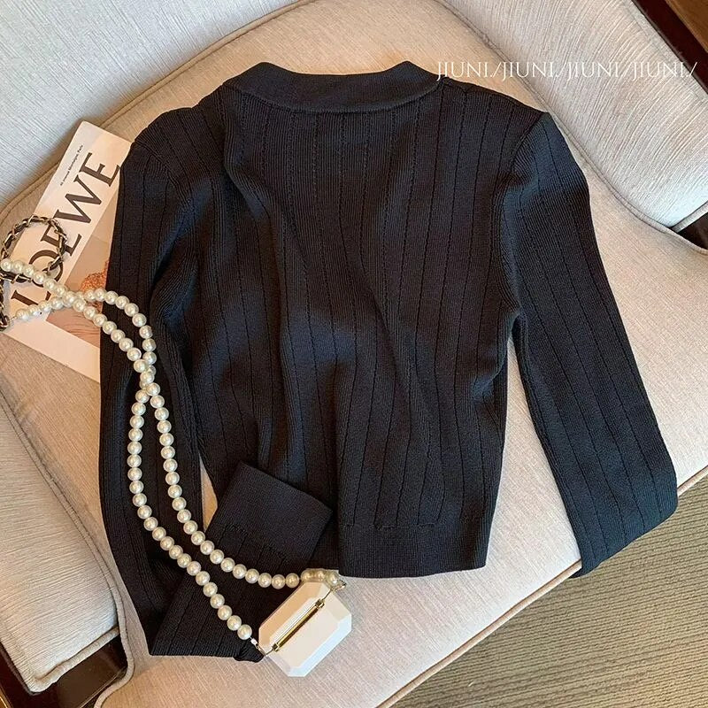 French Gold Button Long-Sleeved Black Cardigan