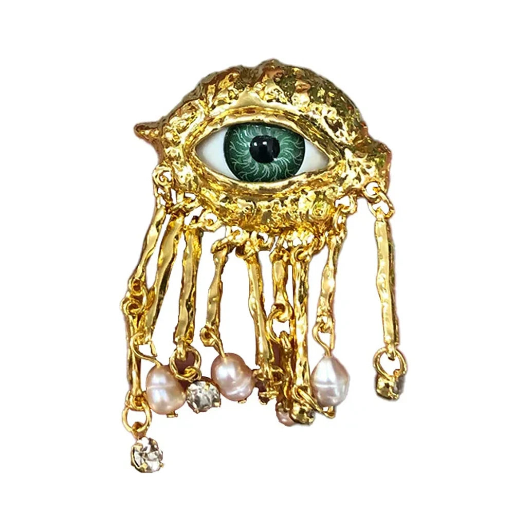 Vintage Gold Powerful Eye with Pearls Brooch