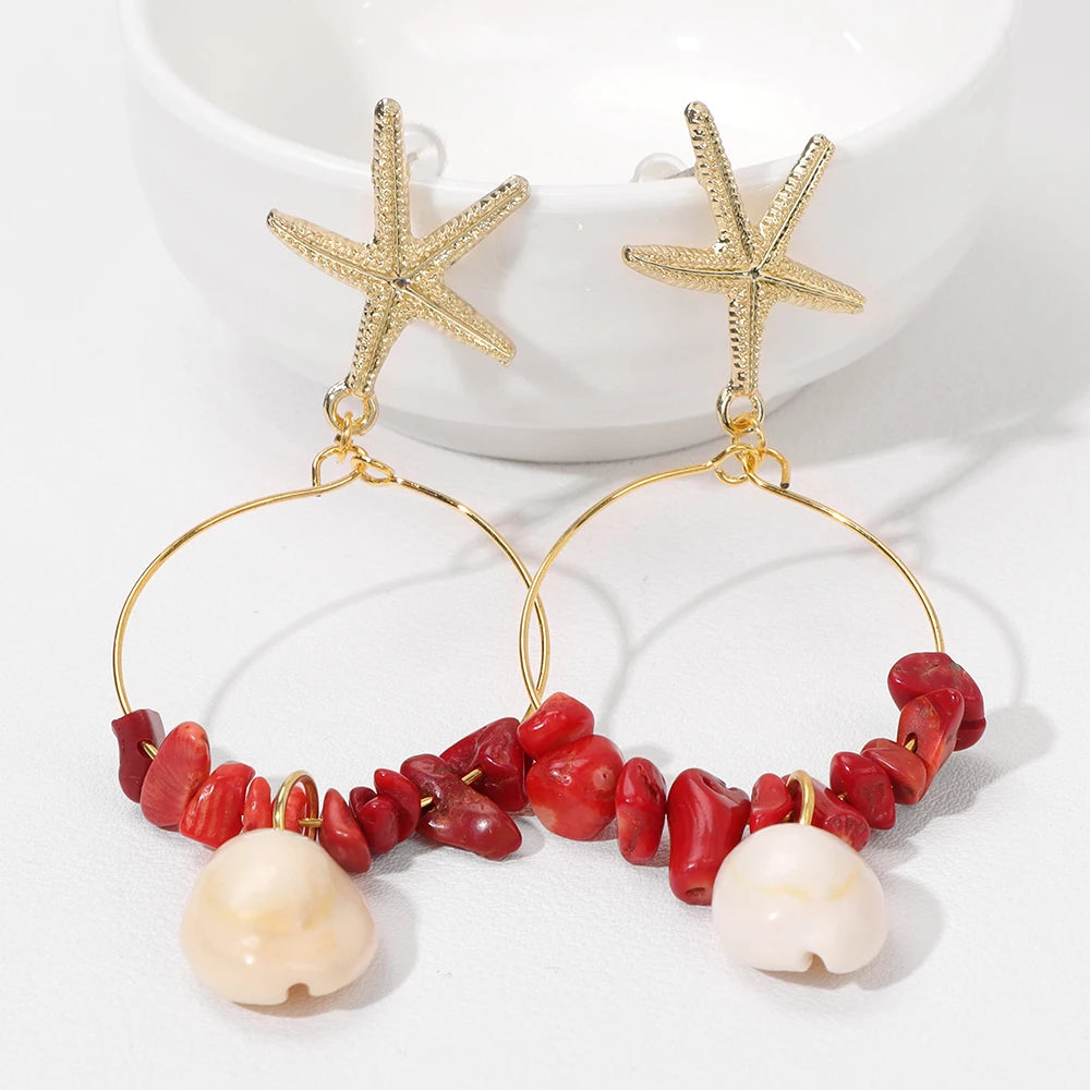 Ocean Sea Shell Starfish Natural Crystal Earrings