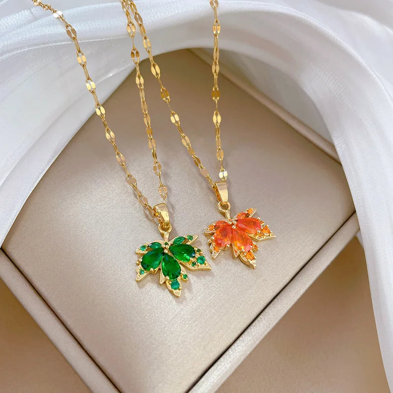 Crystal Maple Leaf Pendant Necklaces