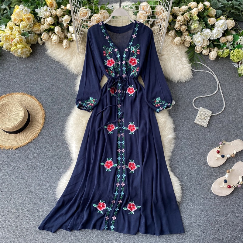 Embroidered V-neck Lantern Sleeve Dress (4 colors)