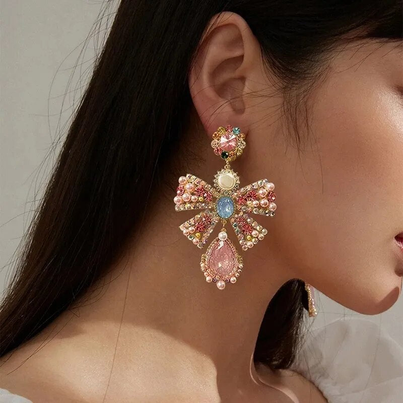 Luxury Pink Rhinestone Bowknot Earrings